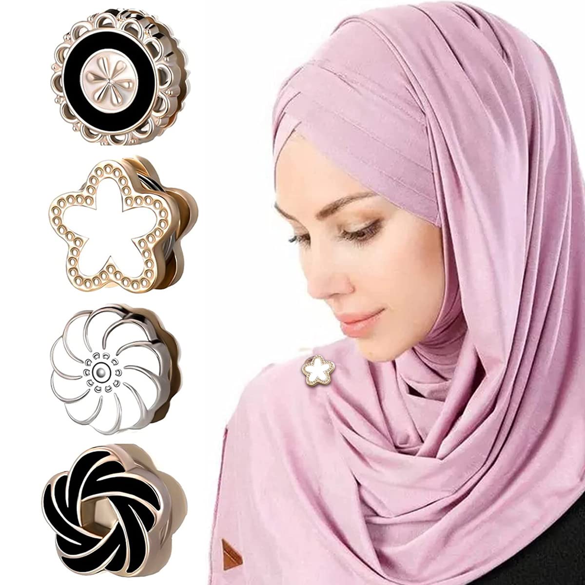SANNIDHI 4 Pcs Hijab Pins Magnet Buttons, Strong Hijab Magnetic Pins for Women - Multi-Use Flower Shaped Pinless Shawl Clips Safety Pins Brooch for Scarf Clothes Hat Decor SANNIDHI 4 Pcs Hijab Pins Magnet Buttons, Strong Hijab Magnetic Pins for Women - Multi-Use Flower Shaped Pinless Shawl Clips Safety Pins Brooch for Scarf Clothes Hat Decor